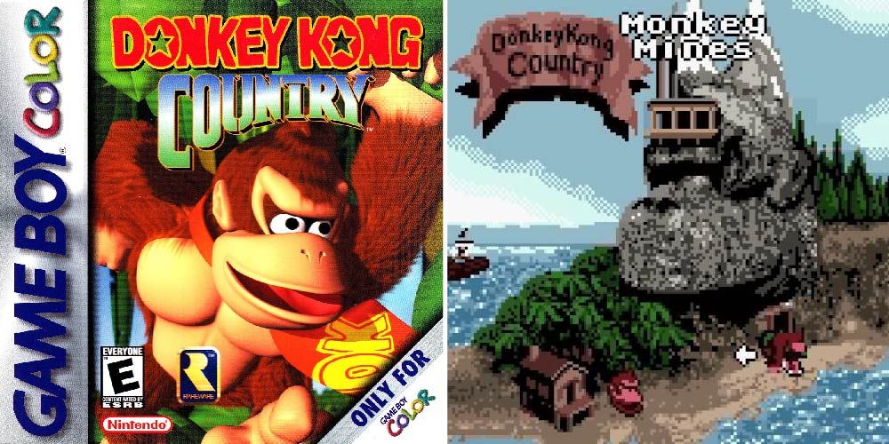 A split image with the cover of Donkey Kong Country GBC on the left, gameplay on the right.