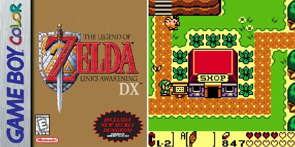 A split image with the cover of Link's Awakening DX on the left, gameplay on the right.