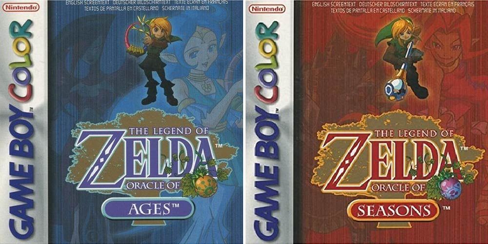 A split image with the cover art for The Legend of Zelda: Oracle of Ages on the right and Oracle of Seasons on the left.