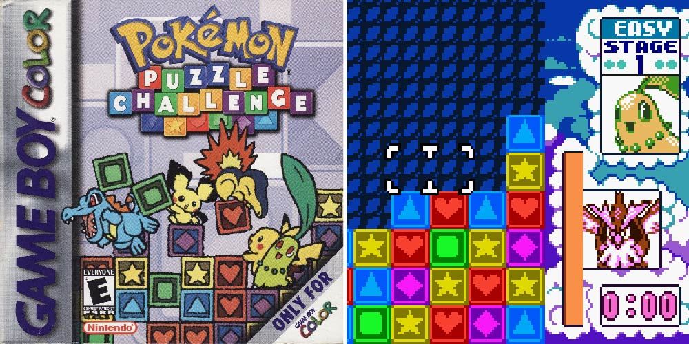 A split image with the cover for Pokemon Puzzle Challenge on the left and gameplay on the right.