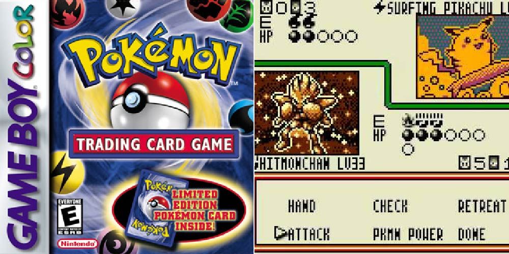A split image with the cover for Pokemon Trading Card Game on the left, gameplay on the right.