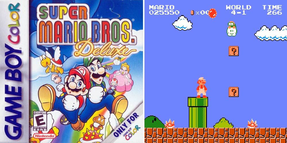 A split image with the cover of Super Mario Bros. Deluxe on the left, gameplay on the right.