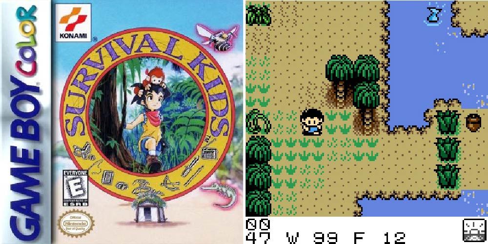 A split image with the cover of Survival Kids on the left, gameplay on the right.