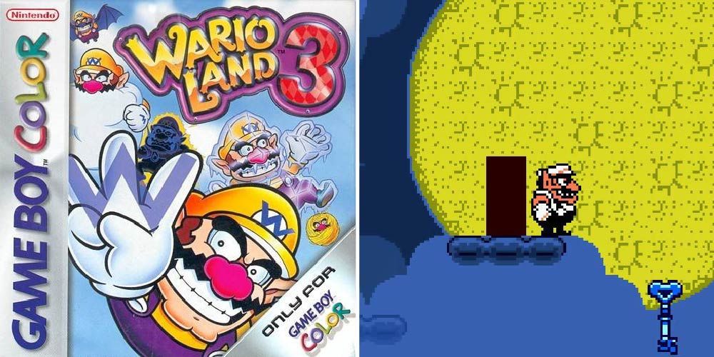 A split image with the cover for Wario Land 3 on the left, gameplay on the right.