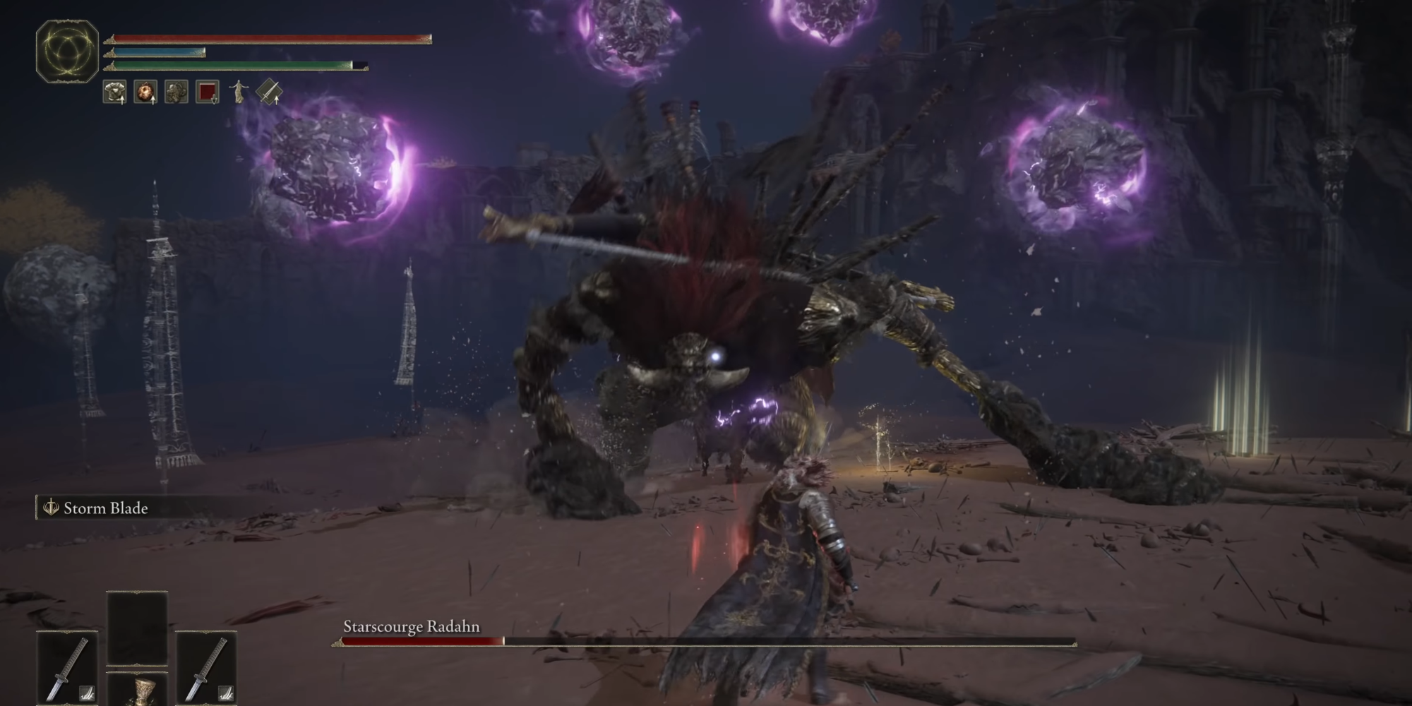 This image shows Starscourge Radahn using his gravity defense attack in Elden Ring.