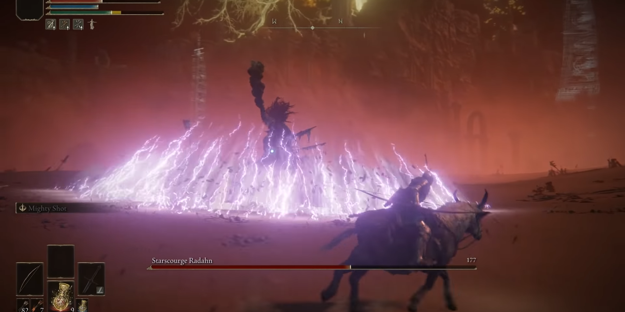 This image shows Starscourge Radahn using his gravity wave attack in Elden Ring.