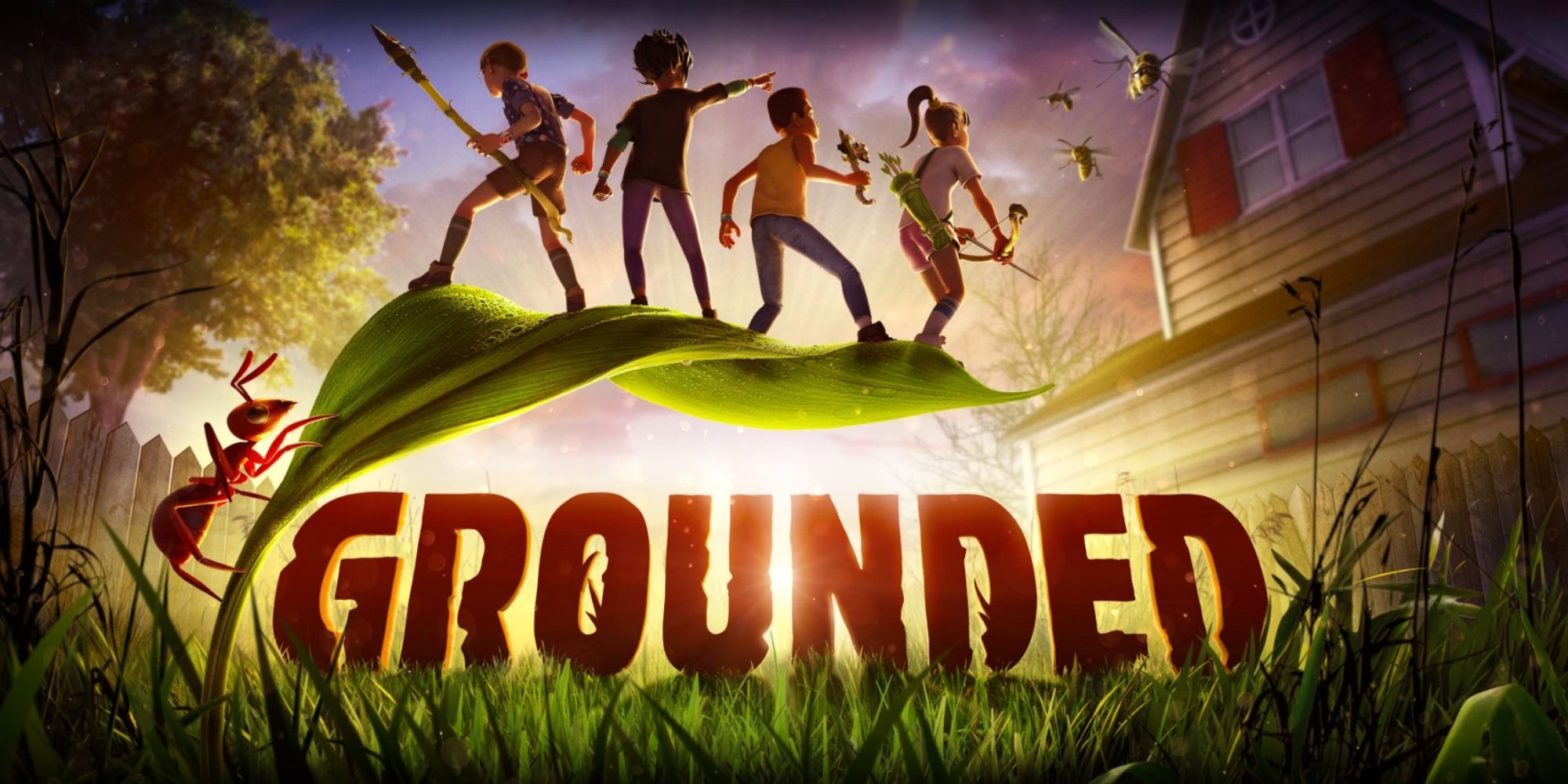 Grounded Logo with the characters on a leaf looking at insects