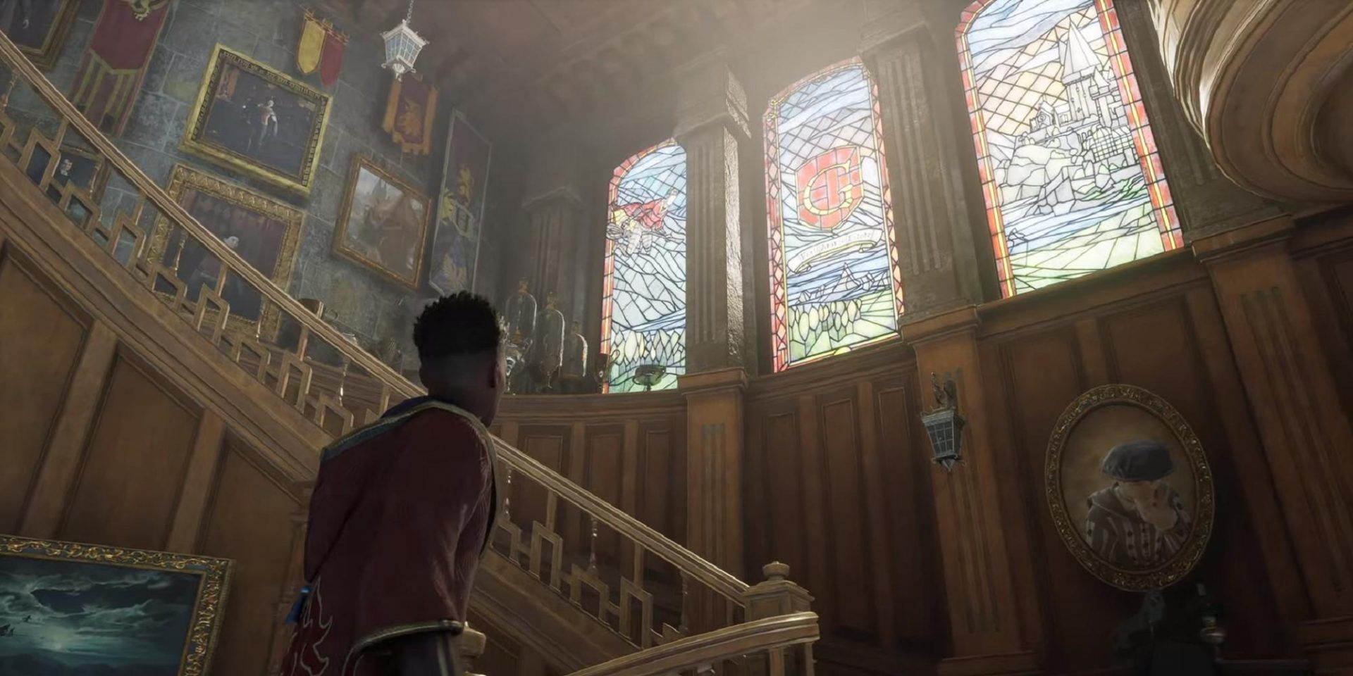 Student Looking Up At Glass Stained Window In Gryffindor Common Room Hogwarts Legacy