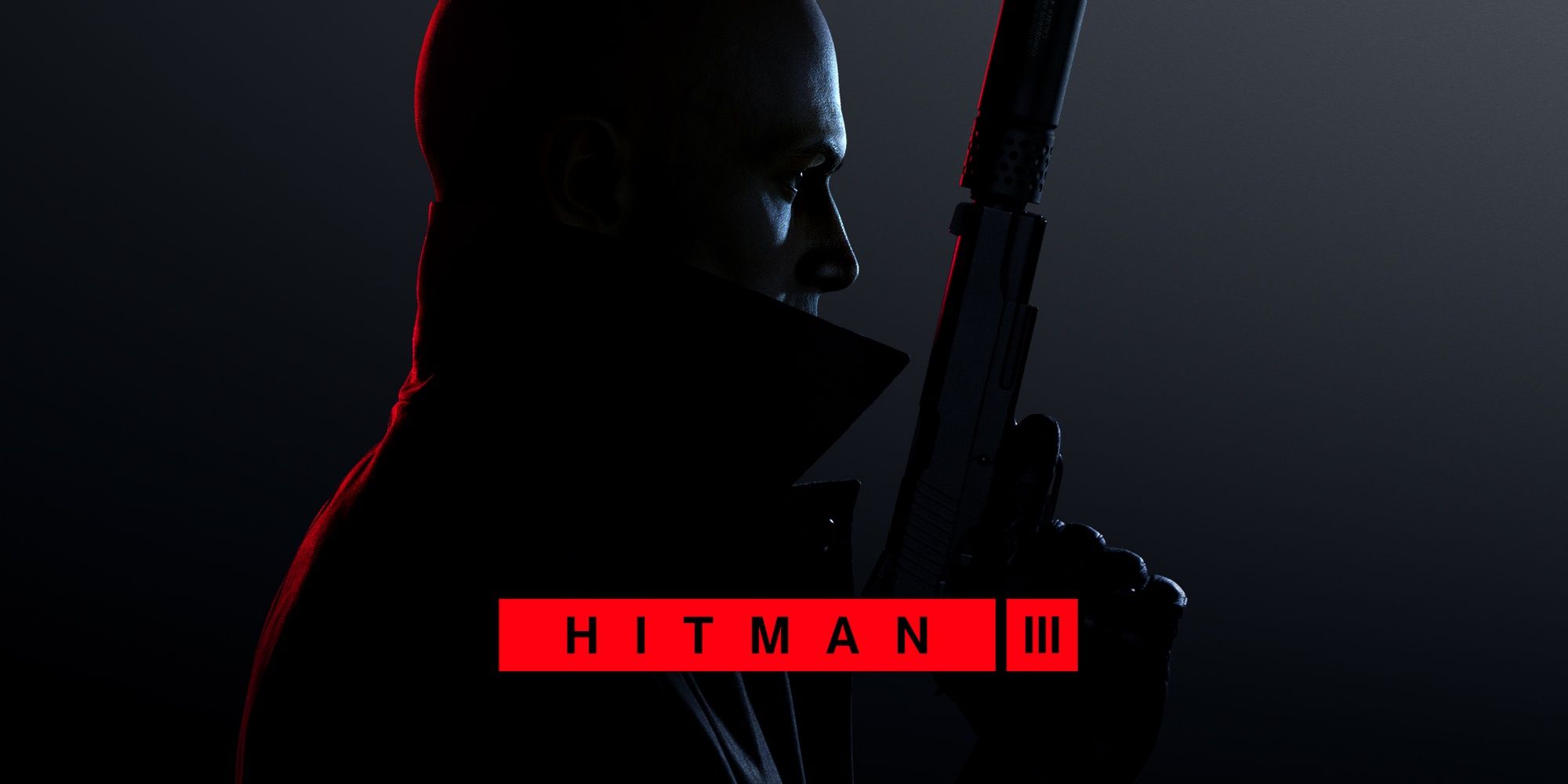 Hitman 3 Logo In Red Over Agent 46 Side Profile With Pistol Raised