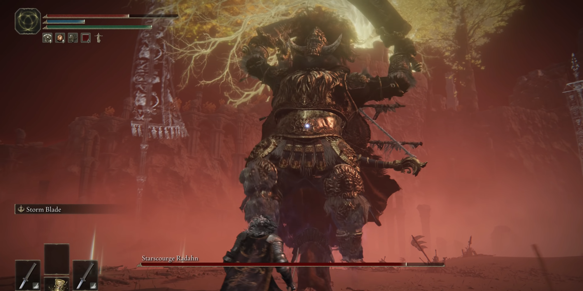 This image shows Starscourge Radahn using his jump attack in Elden Ring.