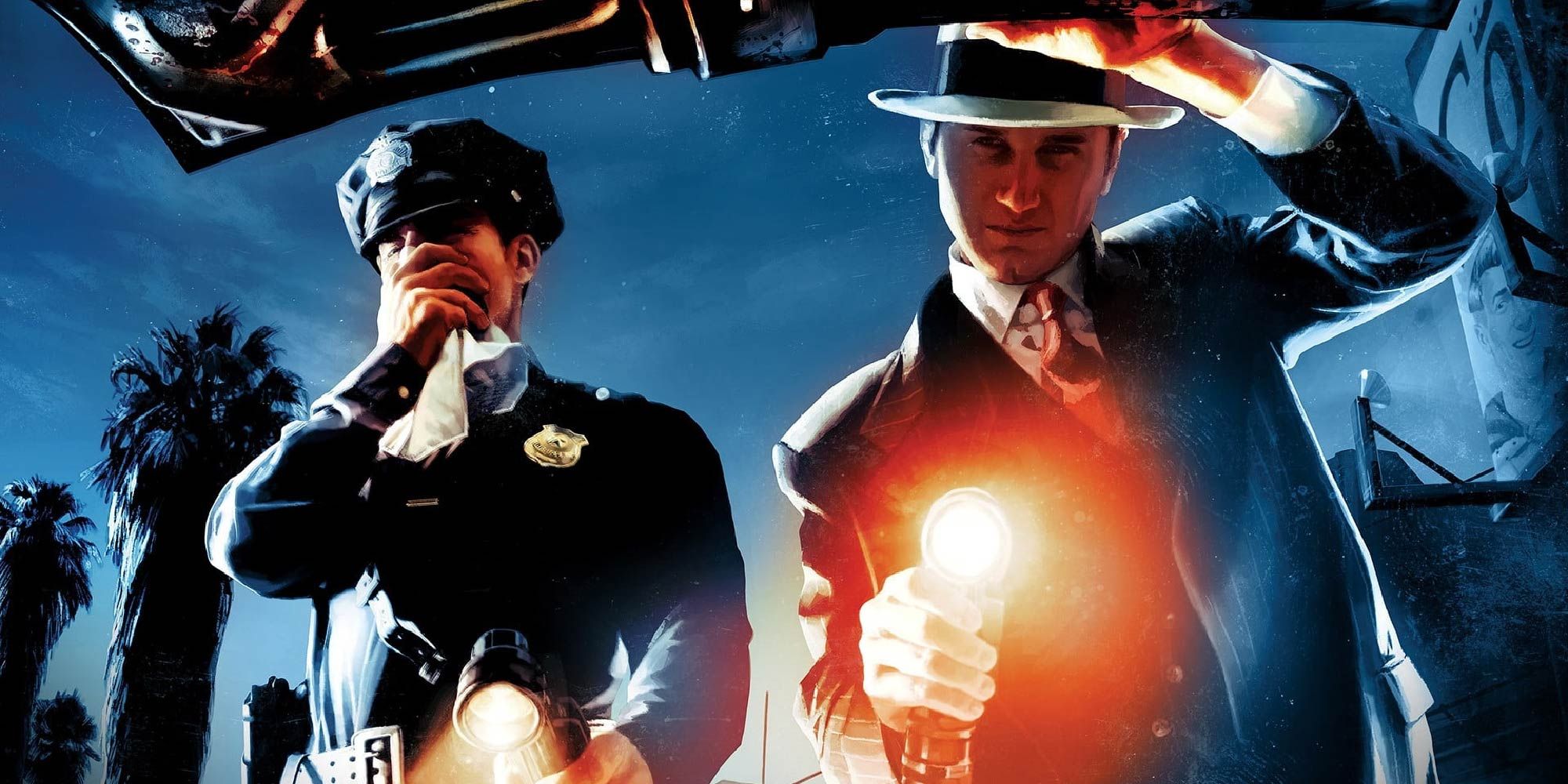 Cole Phelps from L.A. Noire shining a flashlight inside a trunk. Another officer is next to him, trying not to throw up.