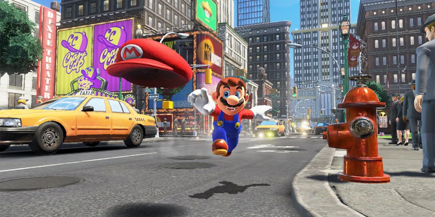 Mario tossing Cappy on the streets of New Donk City in Super Mario Odyssey.
