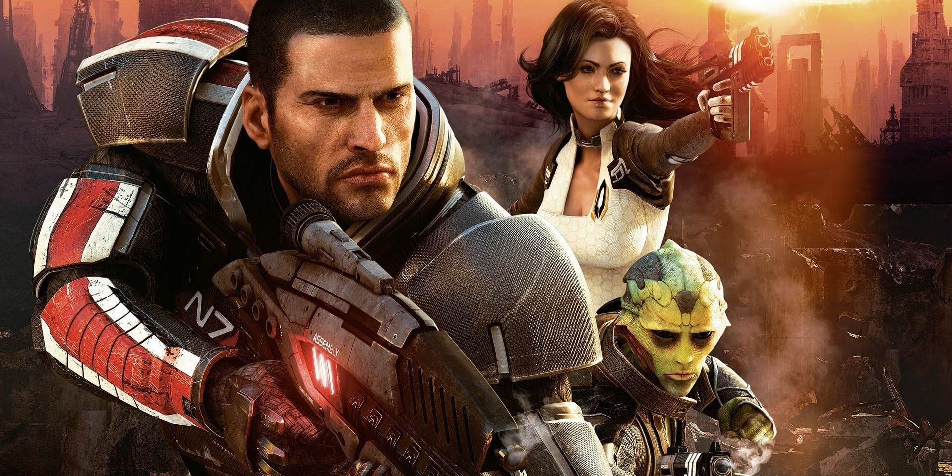 Commander Shepard, Miranda Lawson, and Than Krios posing together in a promotional image for Mass Effect 2.