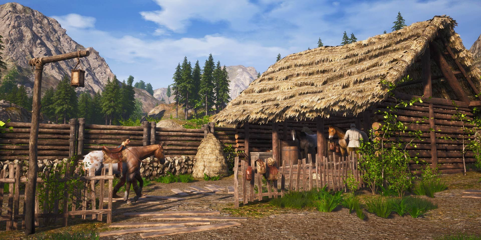 An idyllic shot of a stable with some horses in Medieval Dynasty.