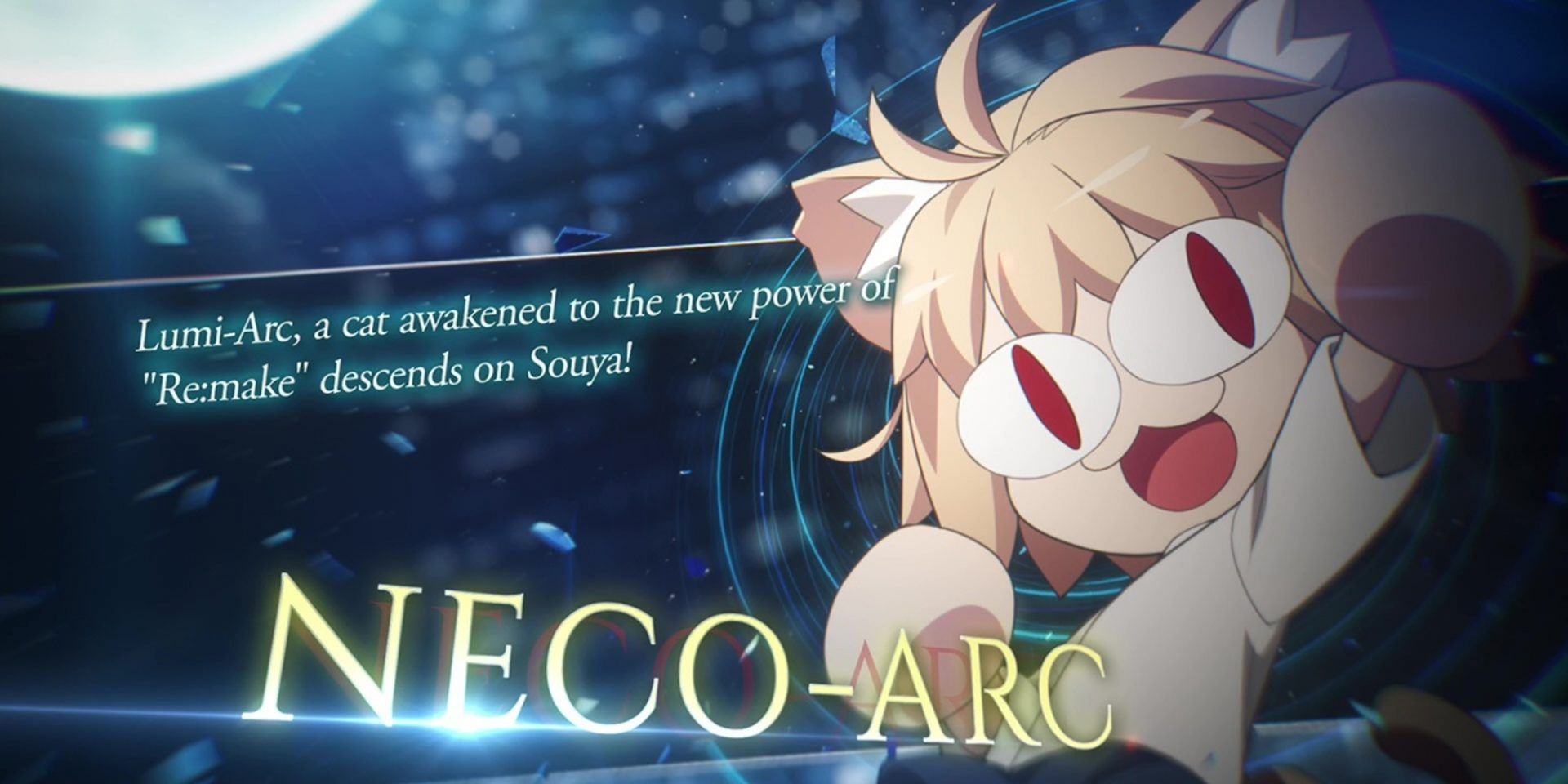 Neco-Arc being revealed for Melty Blood: Type Lumina with a caption describing her.