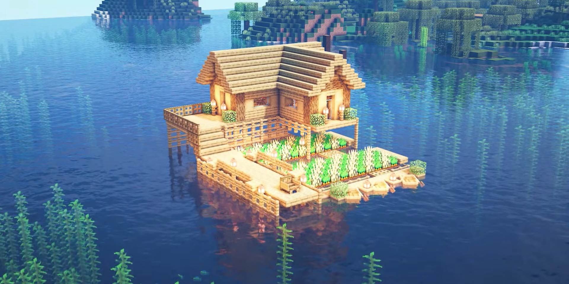 A stilt house in the middle of a lake in Minecraft.