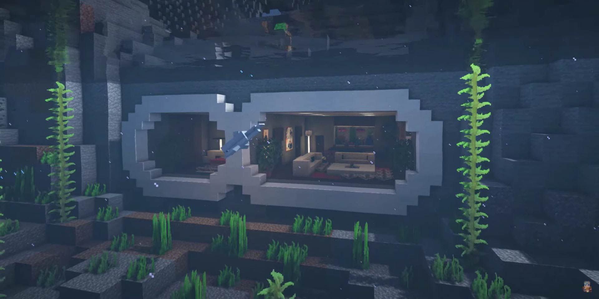 A submarine-style window into an underwater house in Minecraft.