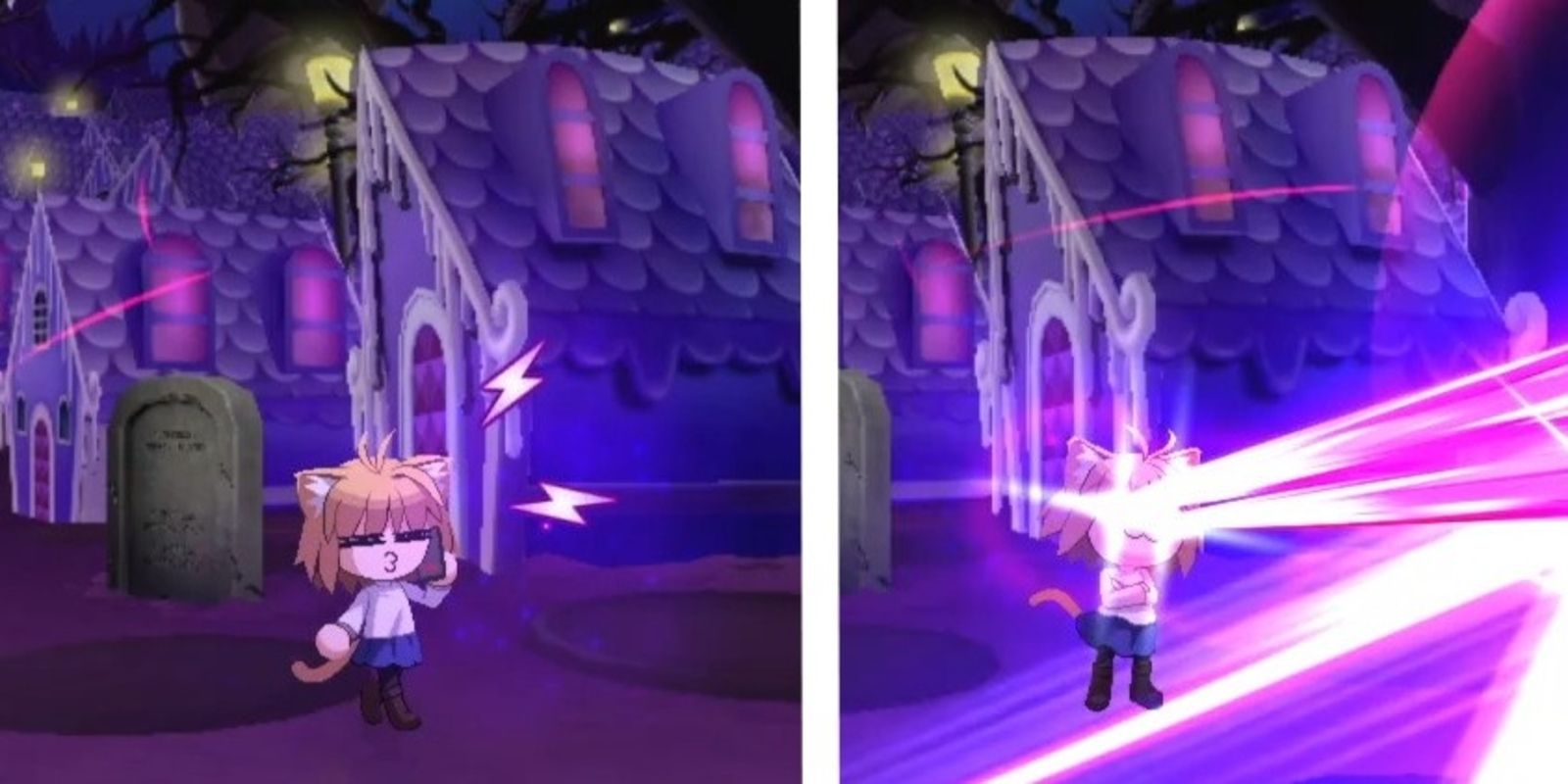 Neco-Arc performing her specials in Melty Blood: Type Lumina, with Neco Packet 2022 on the left and True Ancestor Beam on the right.