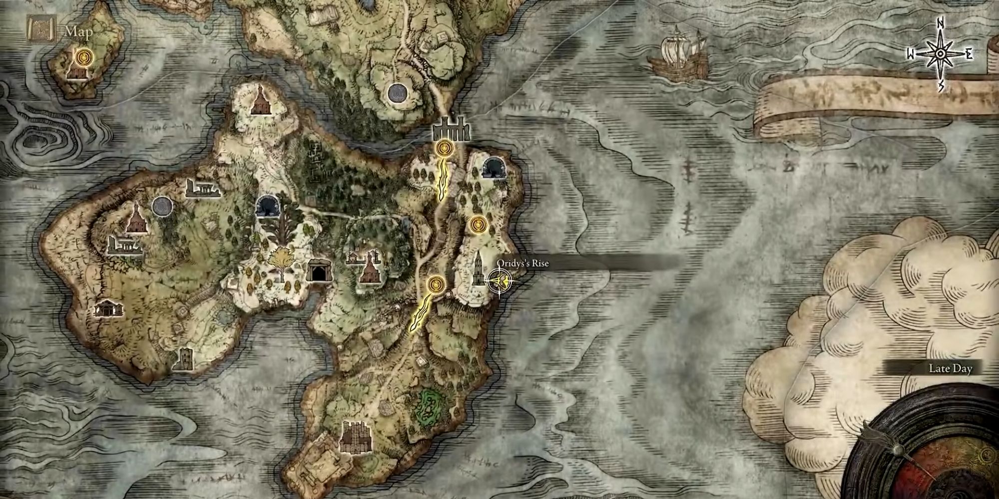 Oridys's Rise location displayed on a map in Elden Ring