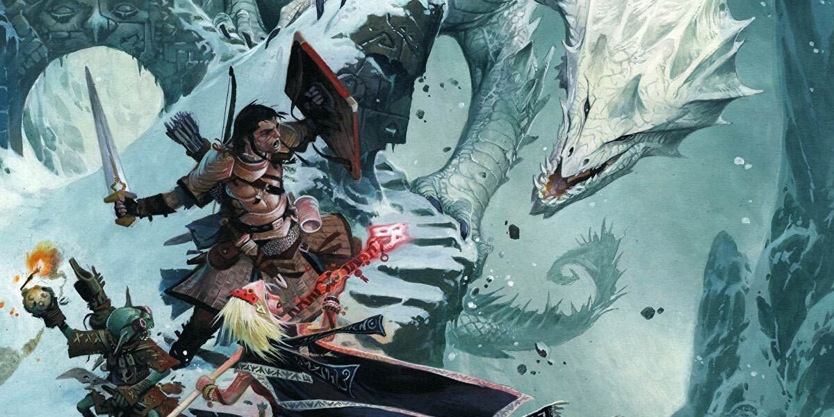 A group of adventurers facing off against an ice dragon in Pathfinder.