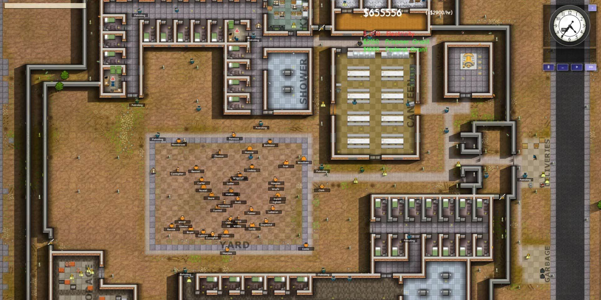 A prison yard in Prison Architect, with inmates getting their daily excercise.