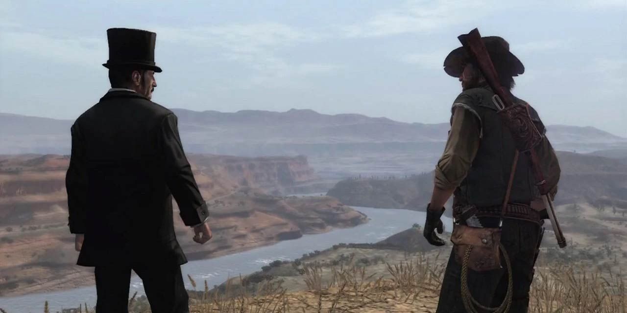 John Marston chatting with a mysterious stranger on a cliff in New Austin.