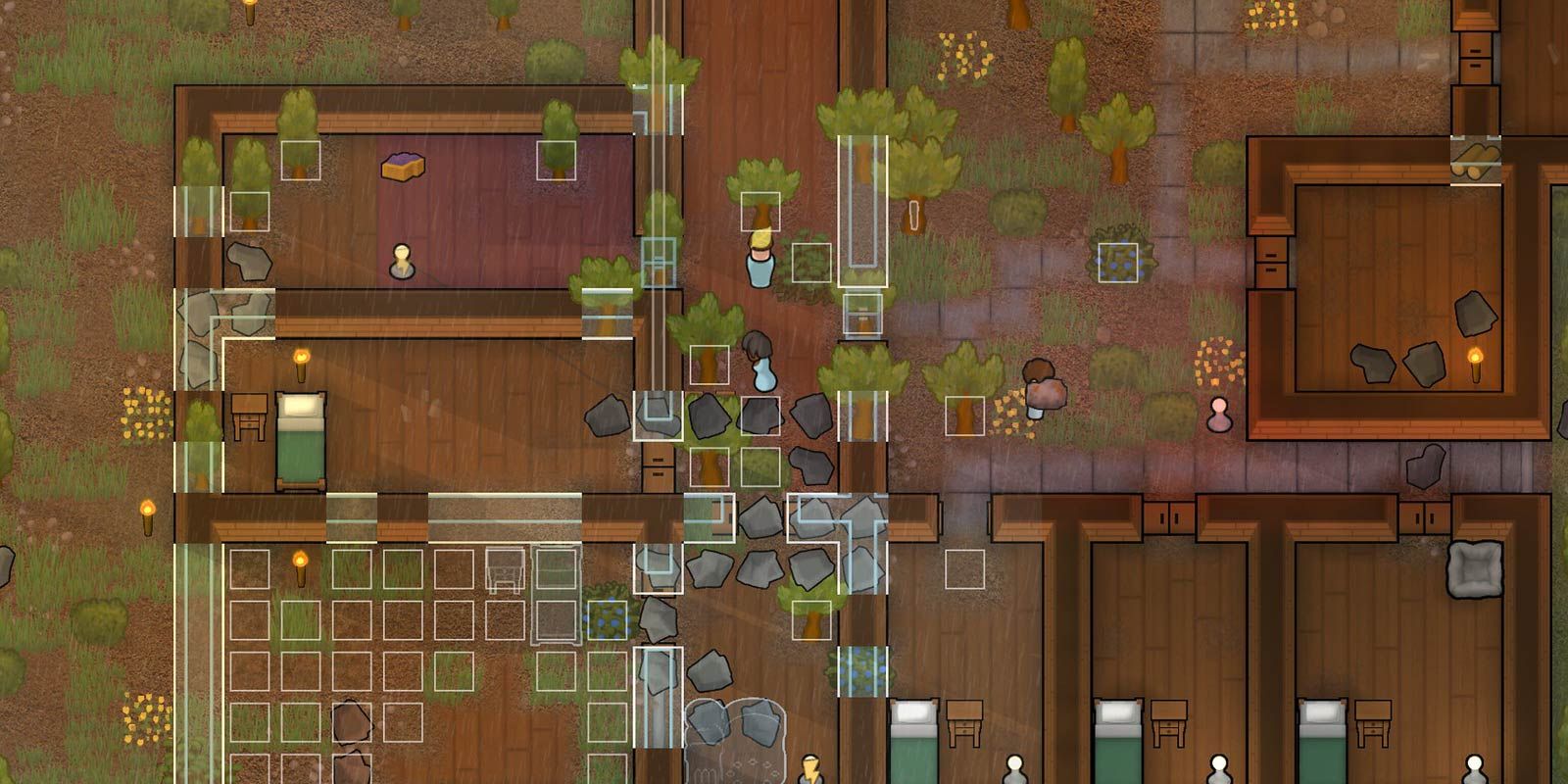 Colonists working on a large wooden building in Rimworld.