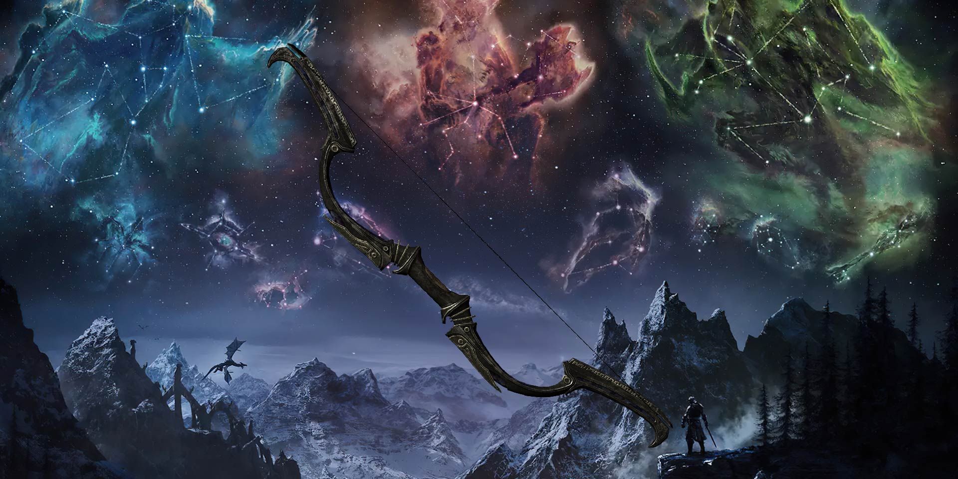 The Dwarven Black Bow of Fate among mountains and Elder Scrolls star signs.