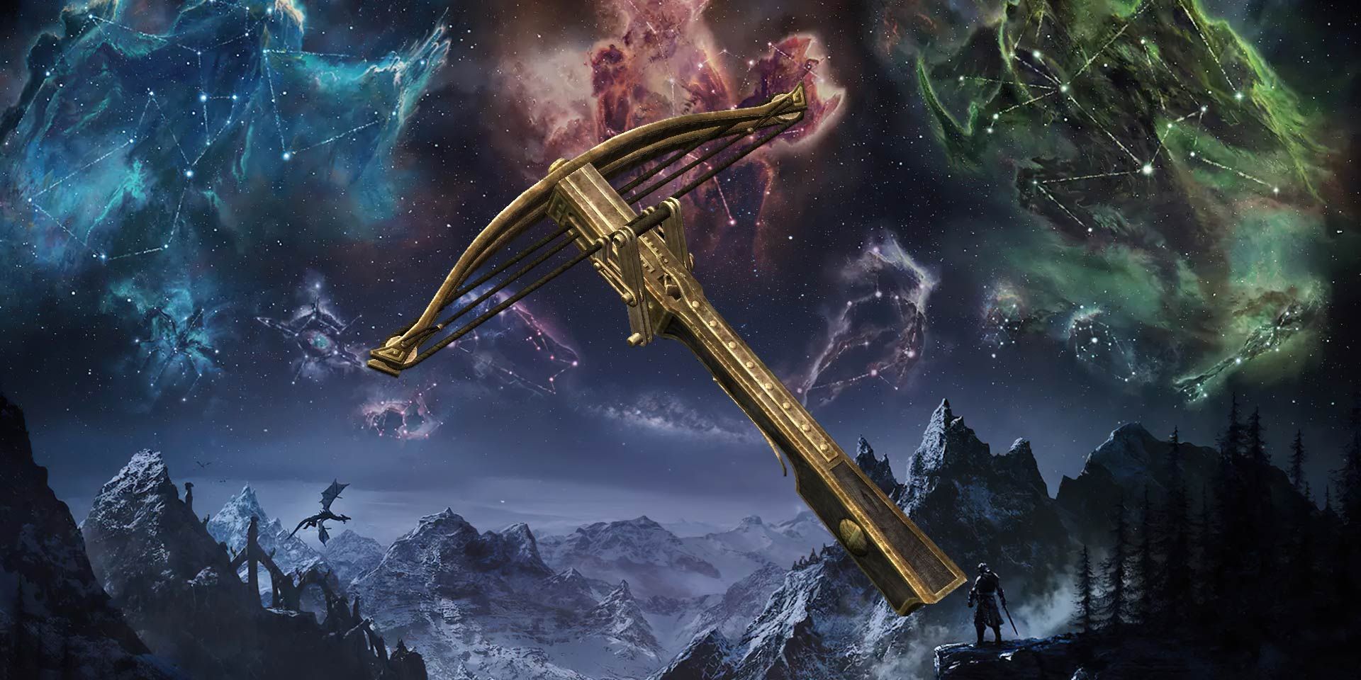 An Enhanced Dwarven Crossbow among mountains and Elder Scrolls star signs.