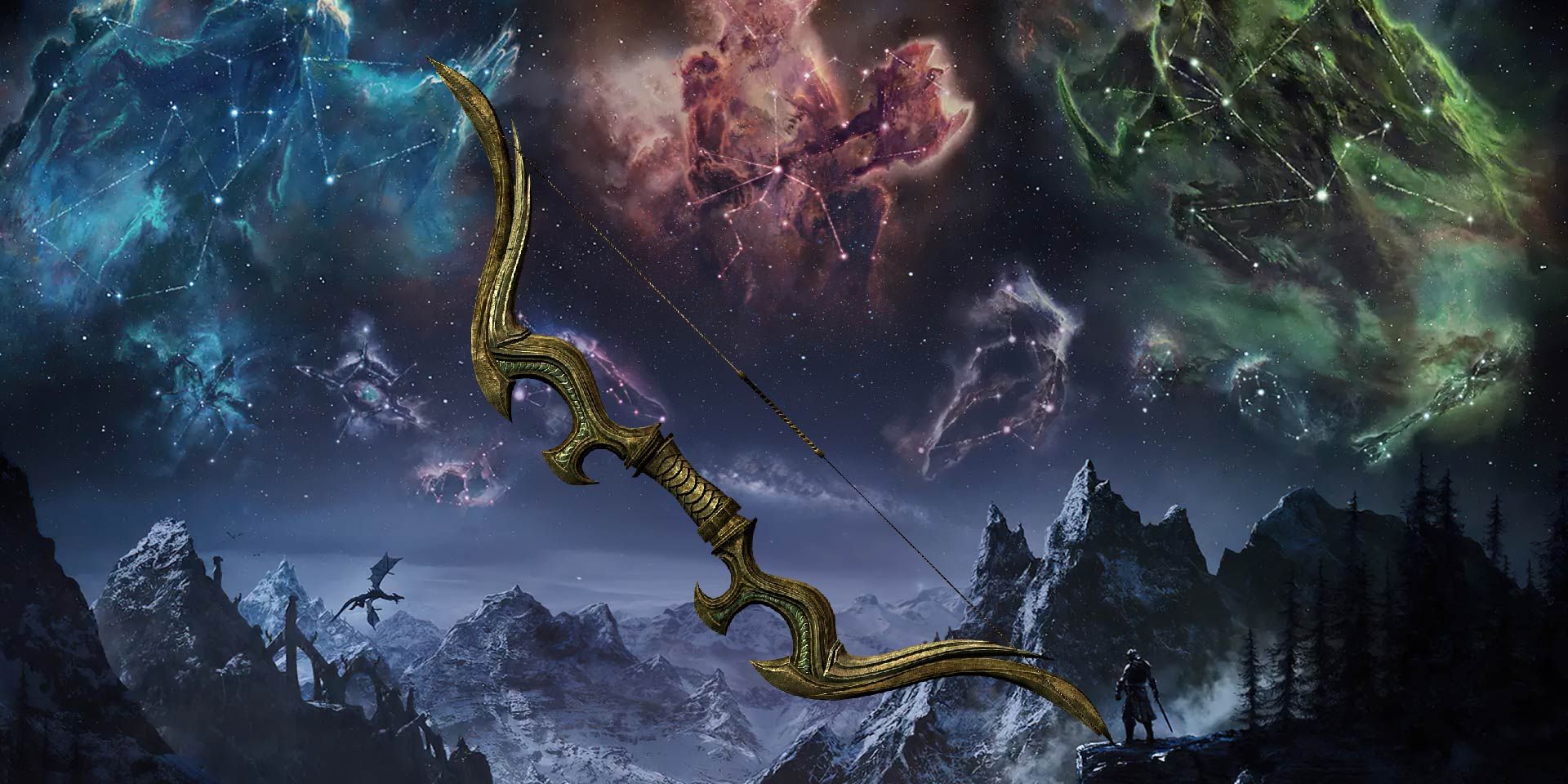 The Glass Bow of the Stag Prince among mountains and Elder Scrolls star signs.