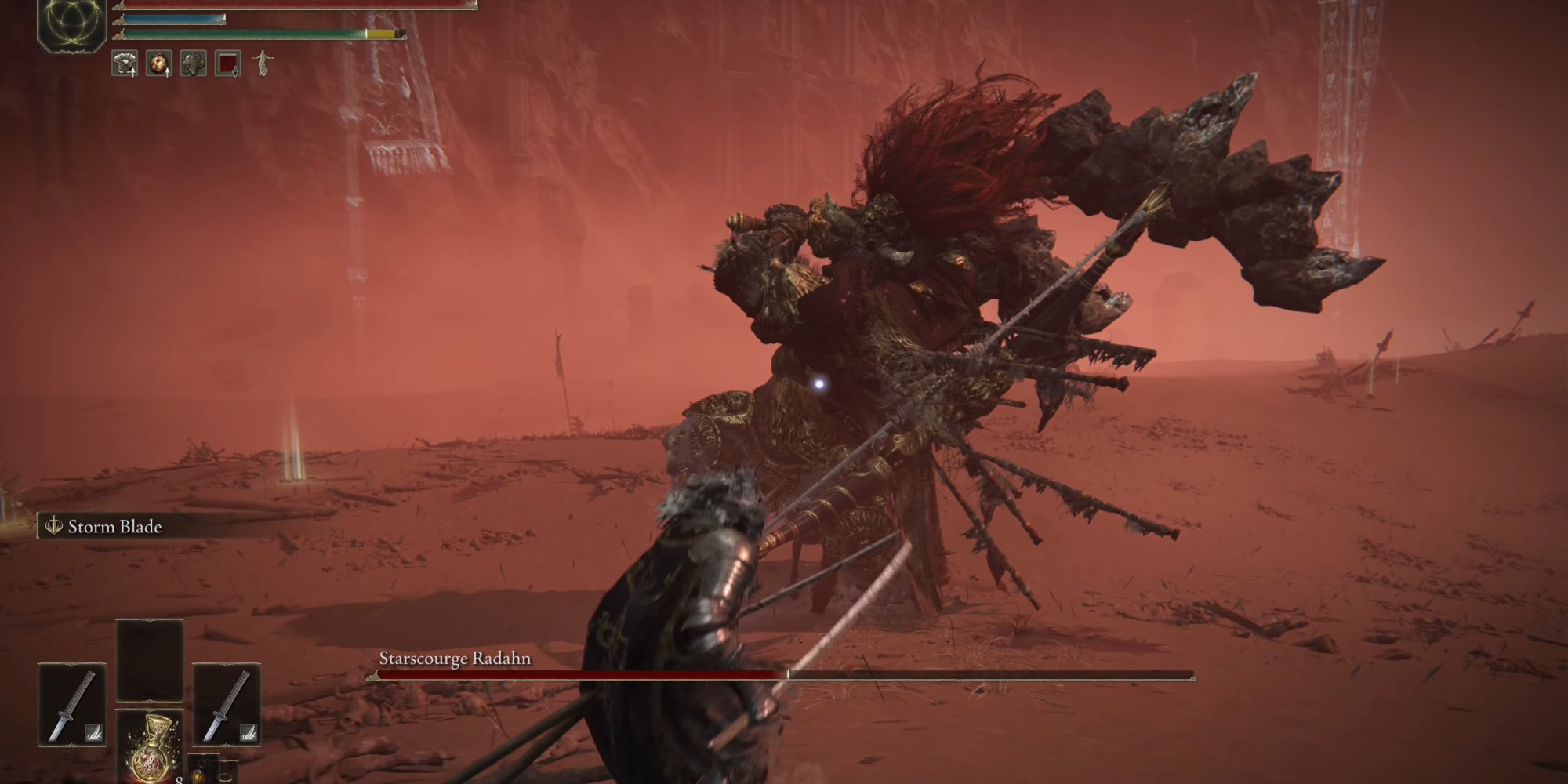 This image shows Starscourge Radahn using his spinning slash attack in Elden Ring.