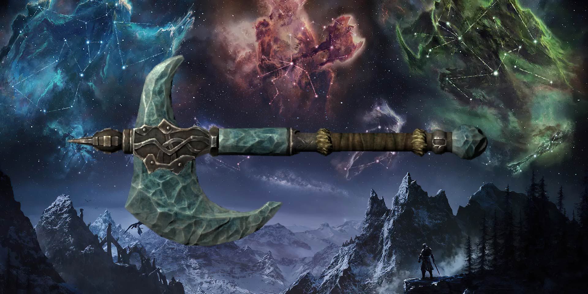 A Stalhrim War Axe  among mountains and Elder Scrolls star signs.