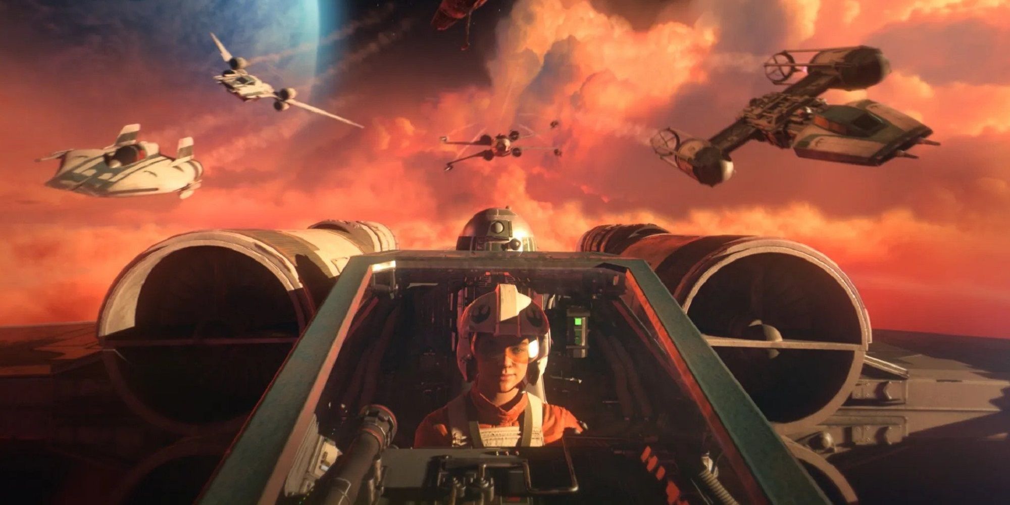 Star Wars Zoom Of Rebel In Cockpit, Y-Wing To The Right, Two Other Ships On the Left