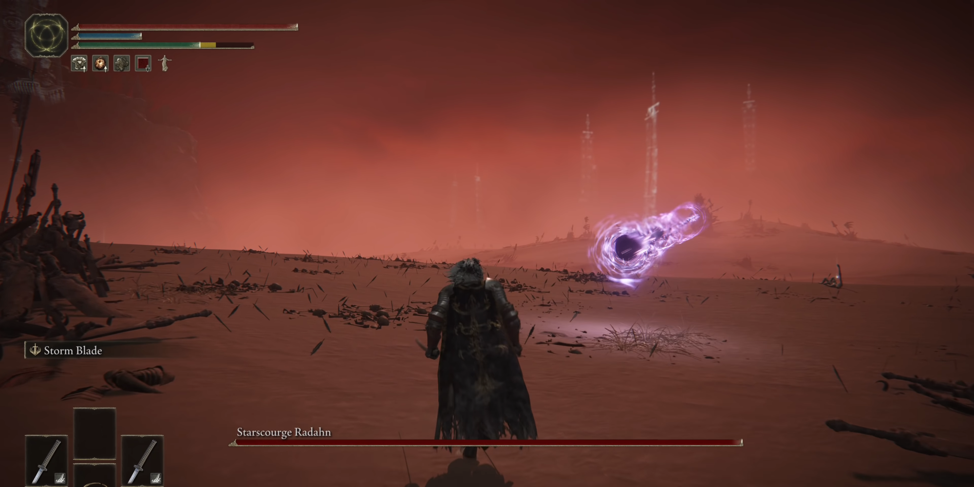 This image shows Starscourge Radahn's homing arrow attack in Elden Ring