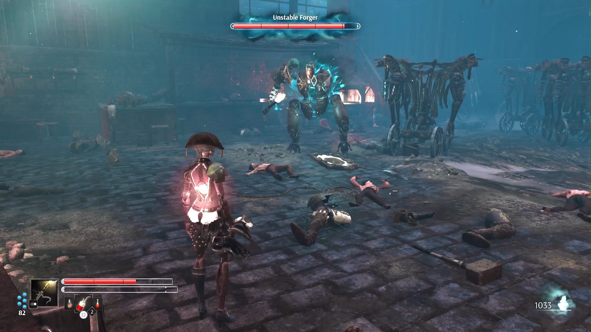 A screenshot from the PS5 version of Steelrising showing Aegis battling the Unstable Forger battle