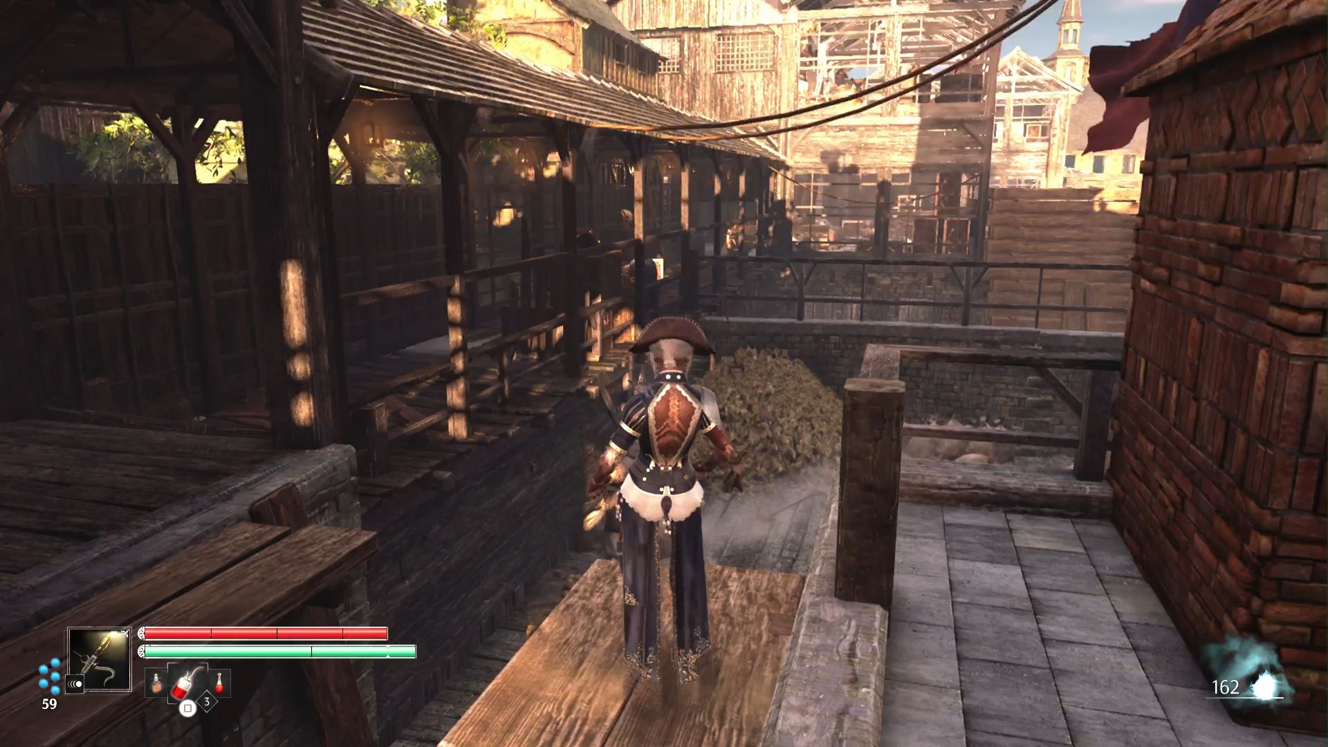 A screen shot from the PS5 version of Steelrising showing Aegis overlooking some wooden structures