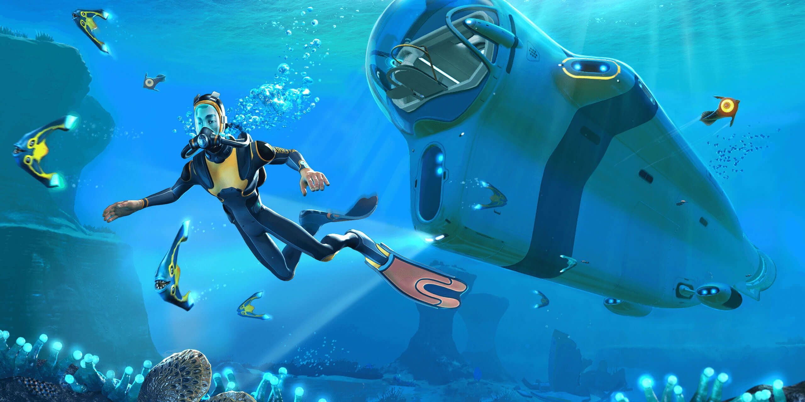 Main Character from Subnautica swimming by submarine