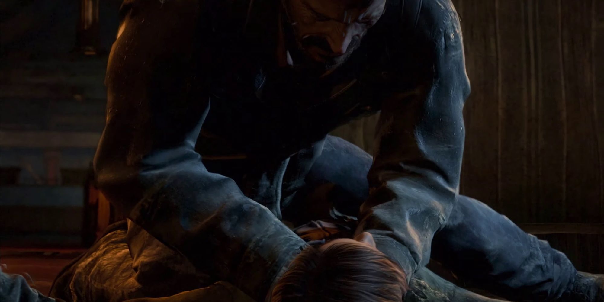 TLOU David does his best to strangle Ellie before getting machetted in the head because nothing can kill Ellie and Joel as they slaughter hundreds
