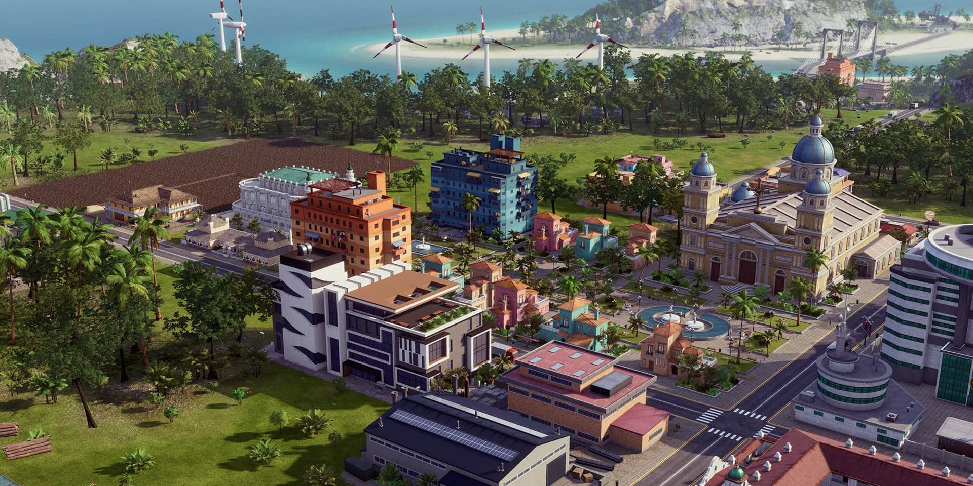 A small island town with colorful buildings in Tropico 6.
