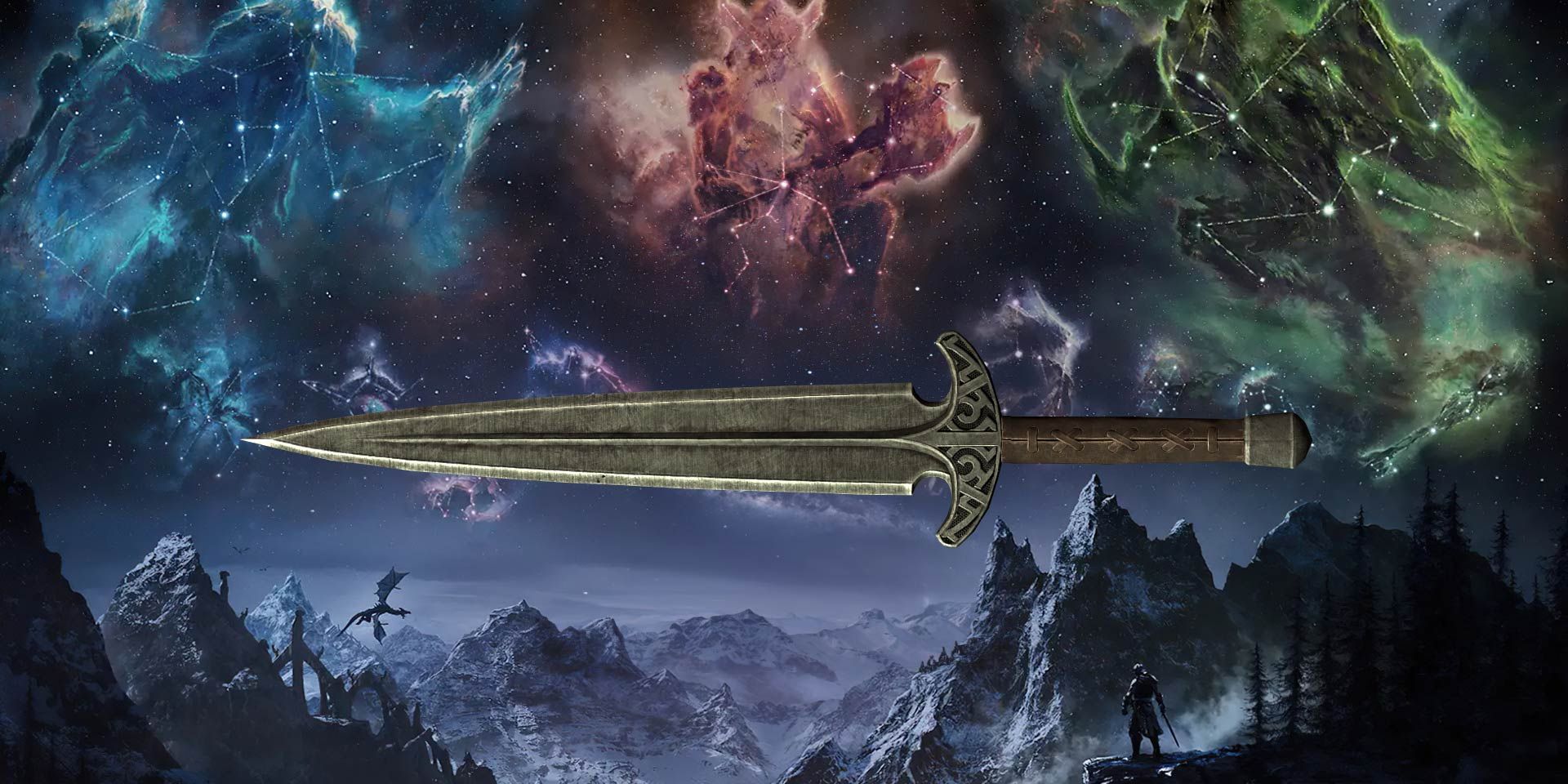 Valdrs Lucky Dagger among mountains and Elder Scrolls star signs.