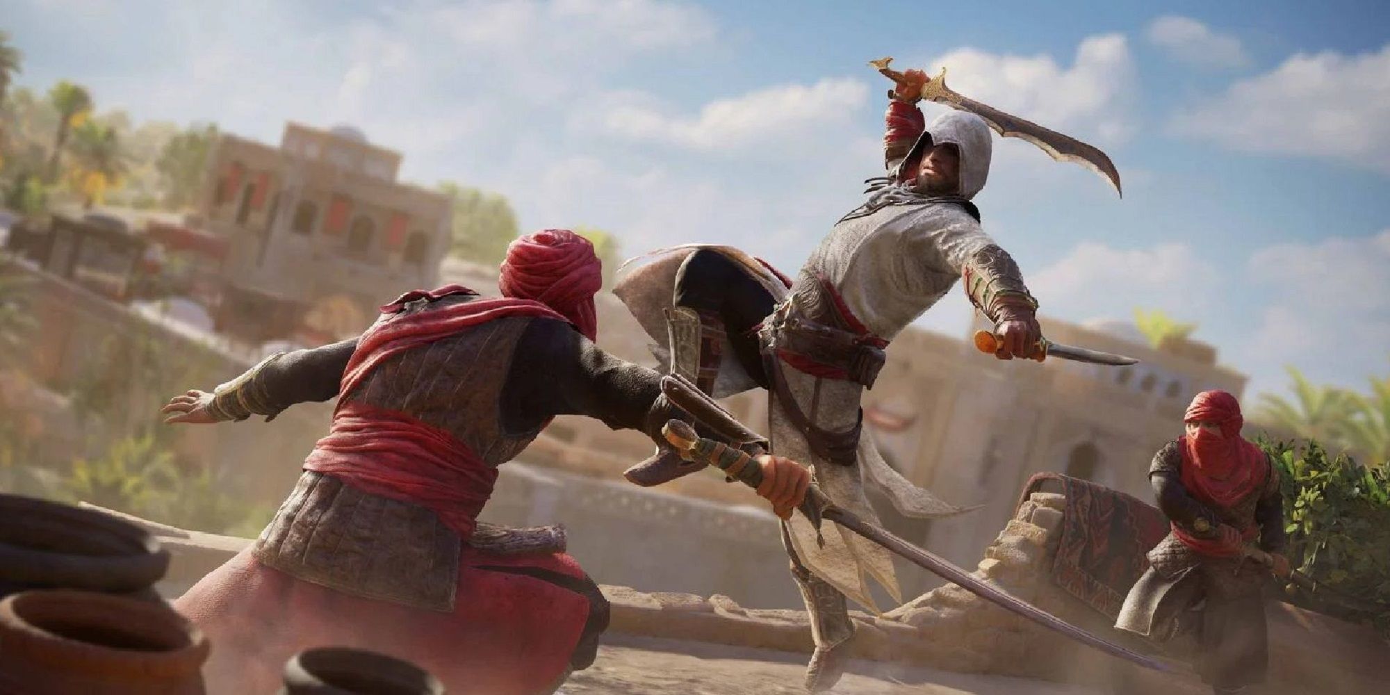 Basim Jumping And Swinging Blade At Red Enemy With Another Behind Him Assassin's Creed Mirage