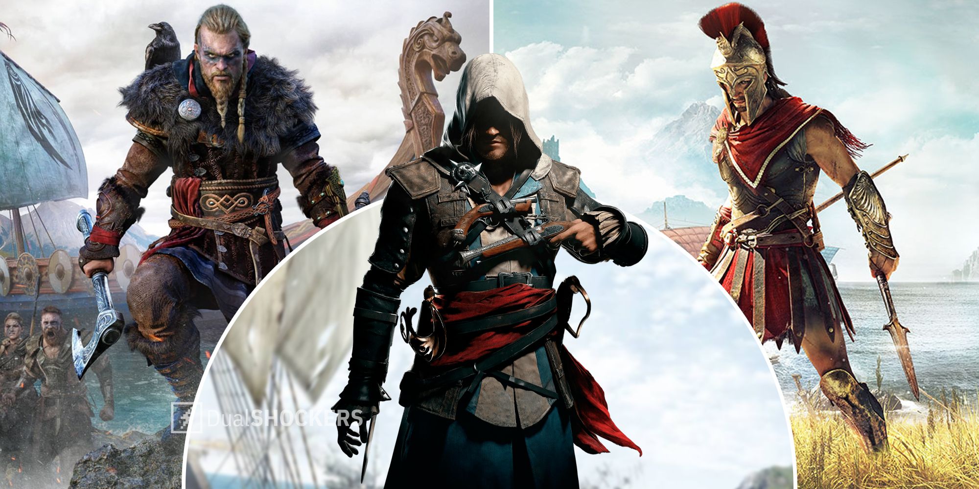 Assassin's Creed Valhalla on left, Assassin's Creed Black Flag in middle, Assassin's Creed Odyssey on right