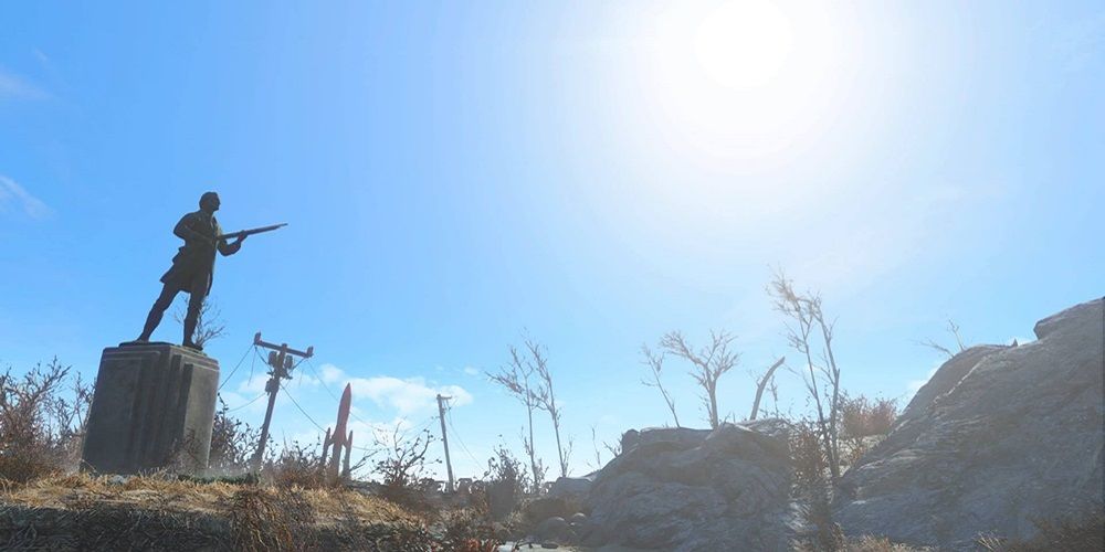 Beautiful view of blue sky and soldier statue in Fallout 4