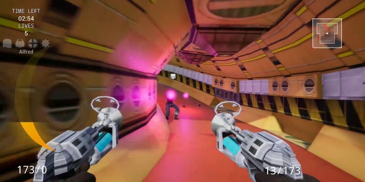 dual-welding guns in first person down a futuristic hallway