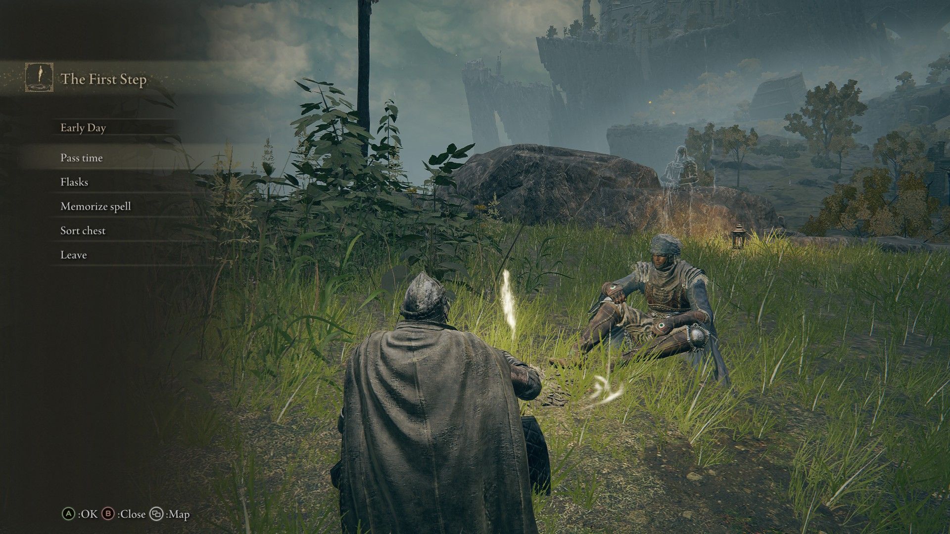 Sitting at a site of grace bonfire with a friend in Elden Ring Seamless Co op