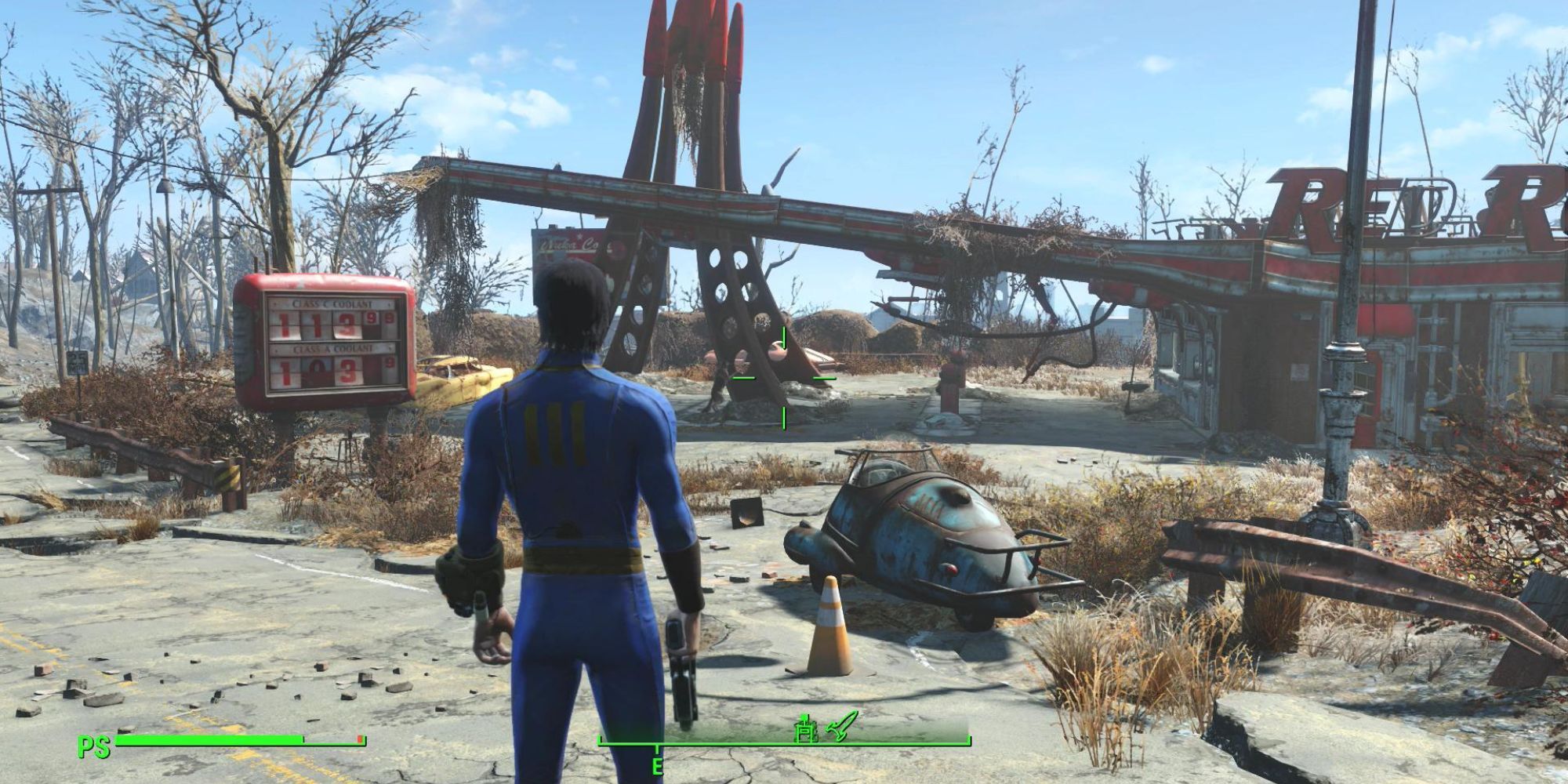 Fallout 4 vault-dweller standing in front of a broken building with debris