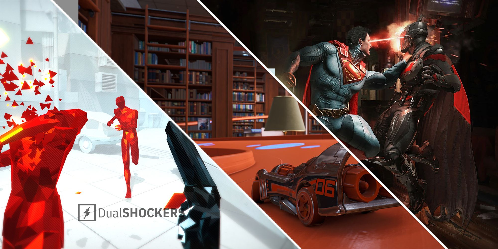 Playstation Plus games Superhot on left, Hot Wheels Unleashed in middle, Injustice 2 on right