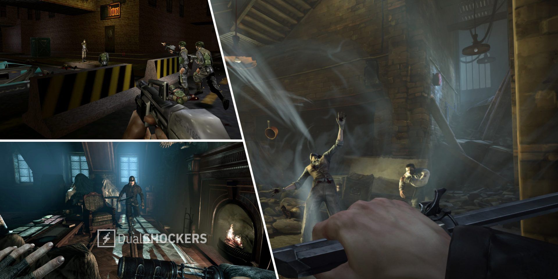 Deus Ex on top left, Thief on bottom left, Dishonored on right