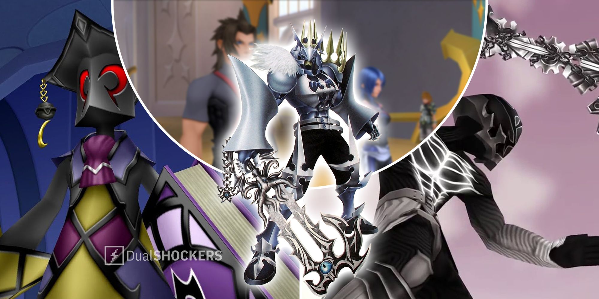 Kingdom Hearts Birth By Sleep Mimic Master on left, No Heart in middle, Vanitas Remnant on right