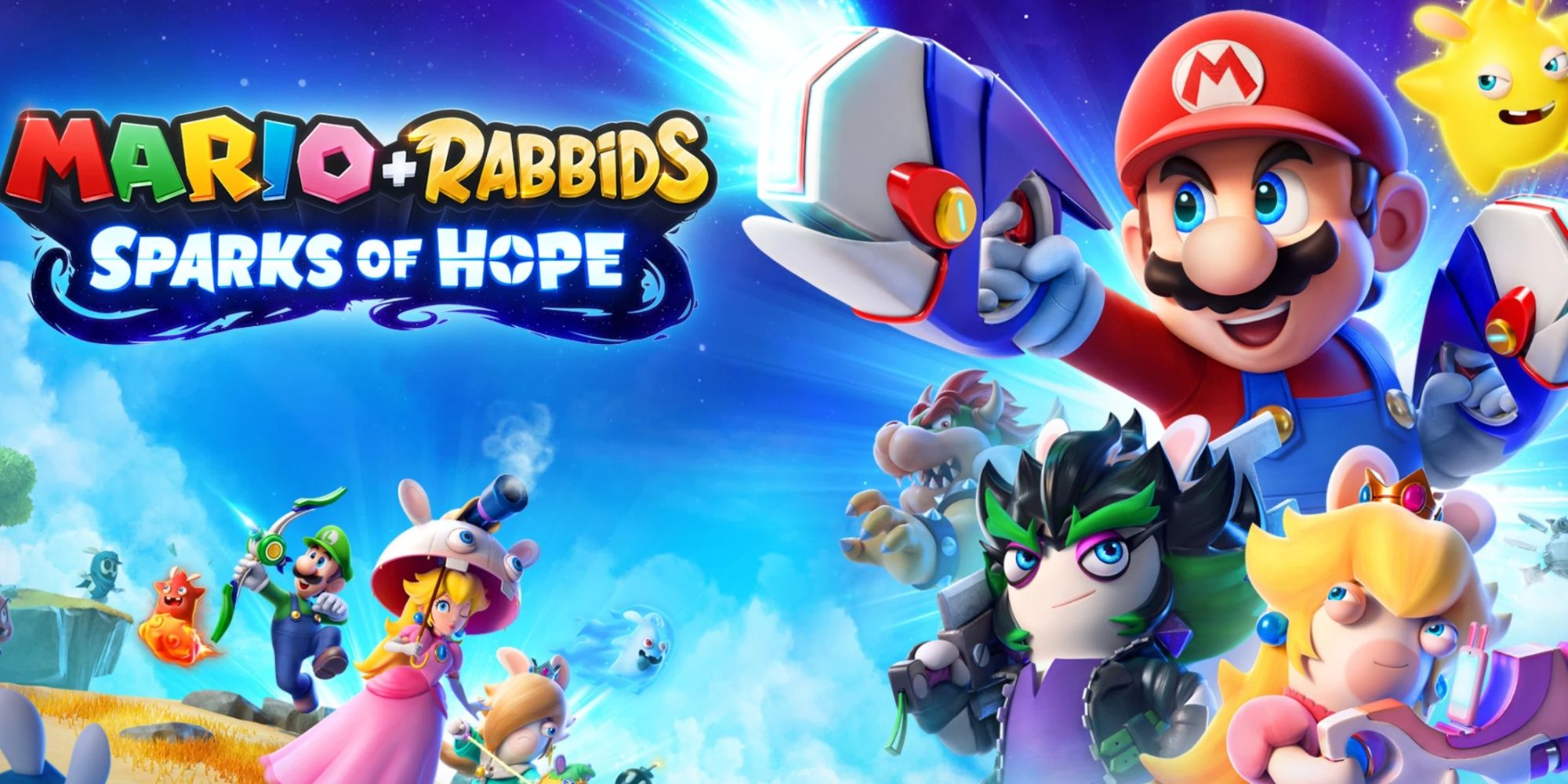 mario rabbids sparks of hope logo upper left mario bowser and rabbids right luigi and peach lower left